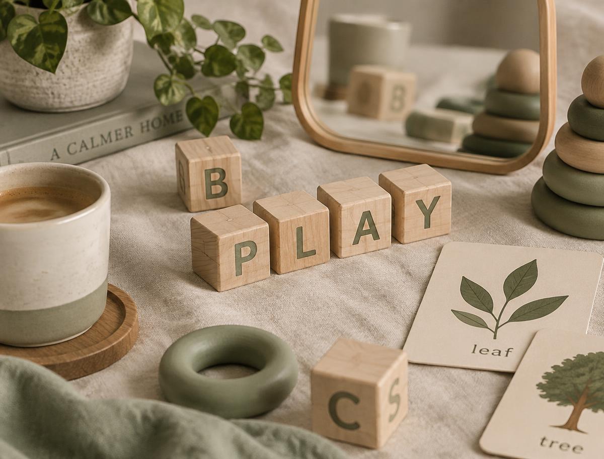 Houten letterblokjes, woordkaartjes en een kopje koffie op linnen